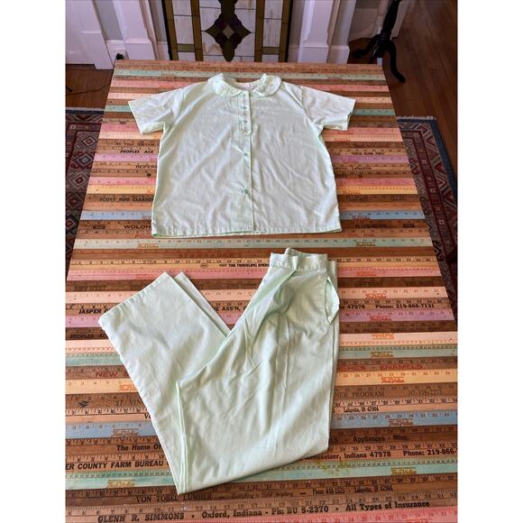 Vintage 34 Mint Green 2 Pcs Pajama Floral Lace Embroidered Set Isis WT Grant - Picture 1 of 14